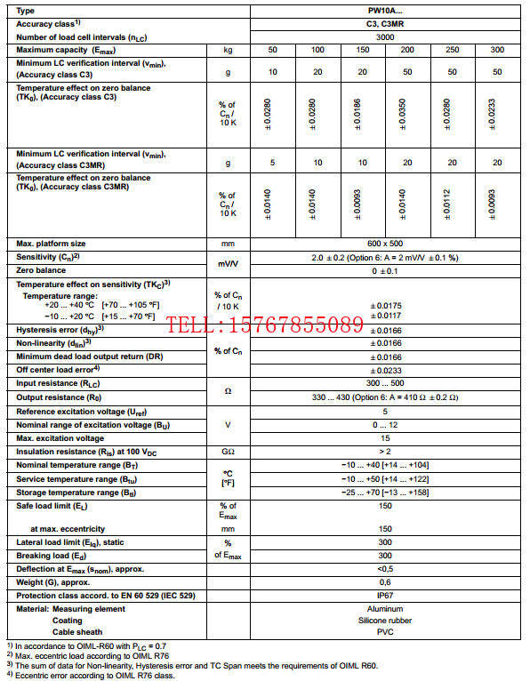 PW10AC3/250Kg产品技术参数