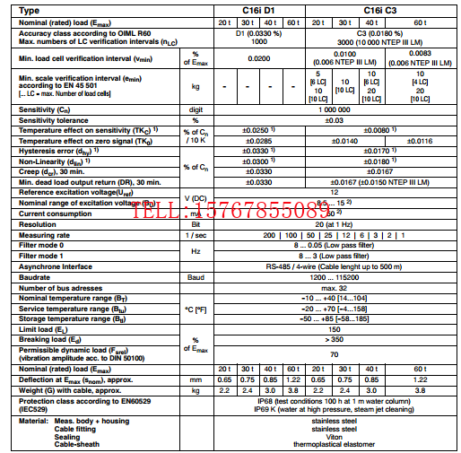 C16iC3/60T称重传感器产品参数